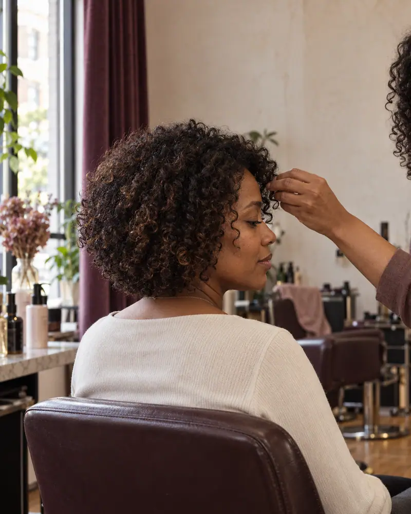 Une cliente aux cheveux bouclés, vue de profil, pendant qu’une coiffeuse façonne une boucle.