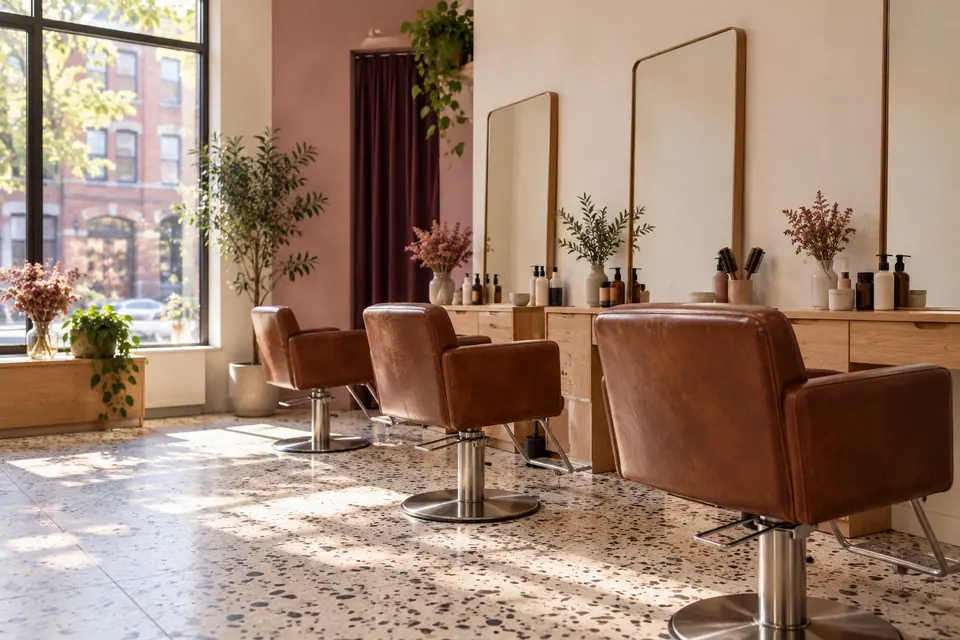 Le salon, lumineux et vide, à l’heure d’ouvrir.